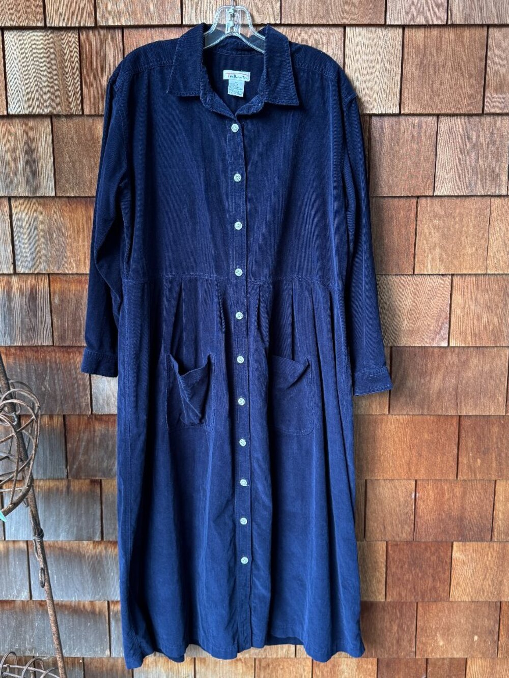 Vintage Talbots Navy Blue Corduroy Button Front Long Sleeve Shirt Dress Size 14